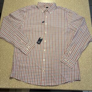 NWT johnnie-O Performance Button Down Shirt Brantley Red Blue Plaid Men’s Large